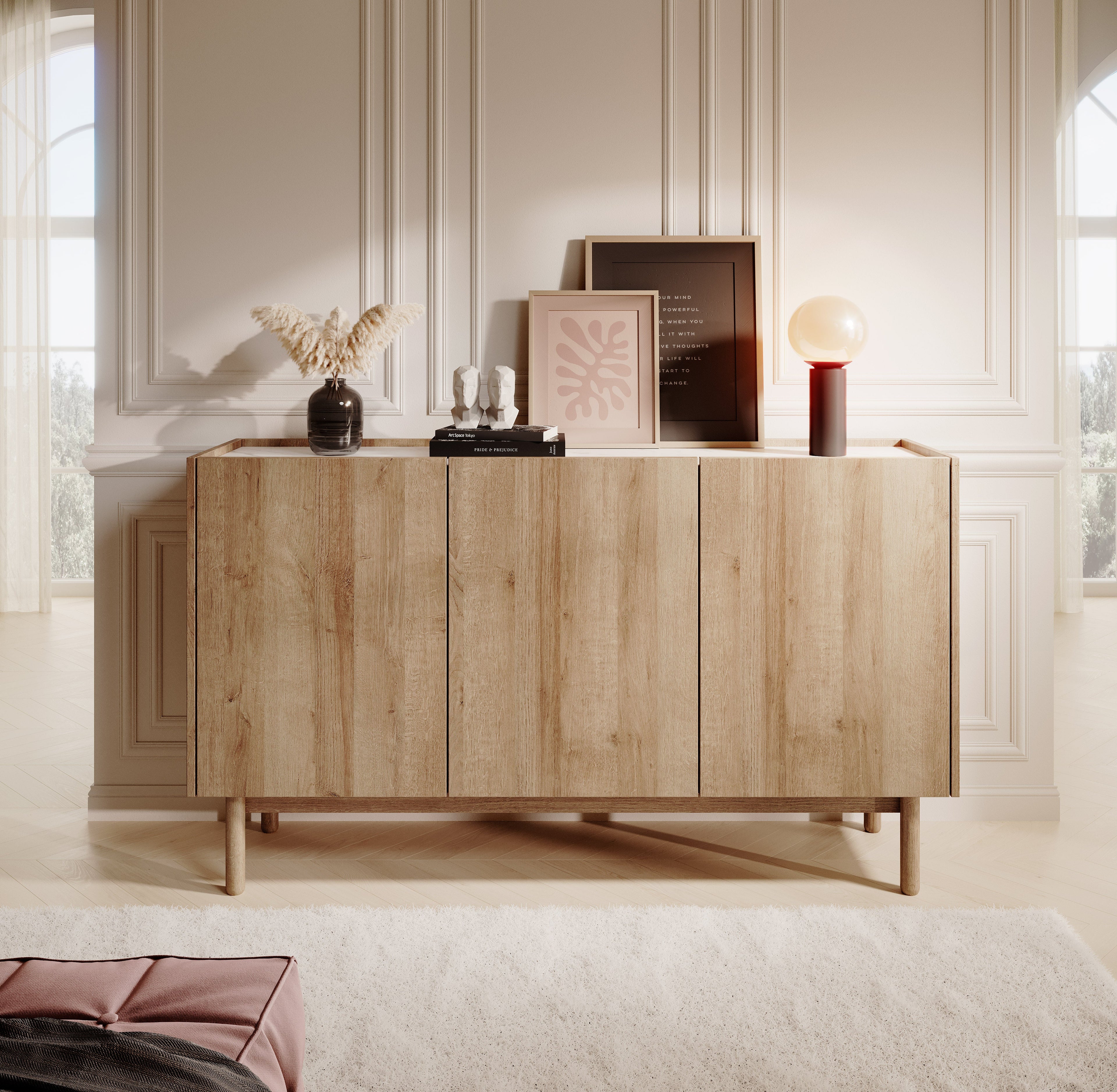 Natural 3 Door Sideboard High W144cm